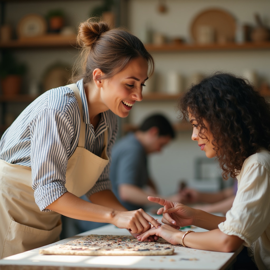 Assistente istruttrice durante laboratorio di mosaico, guida partecipante adulto