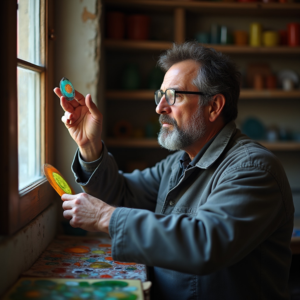 Specialista materiali che seleziona smalti veneziani in atelier luminoso