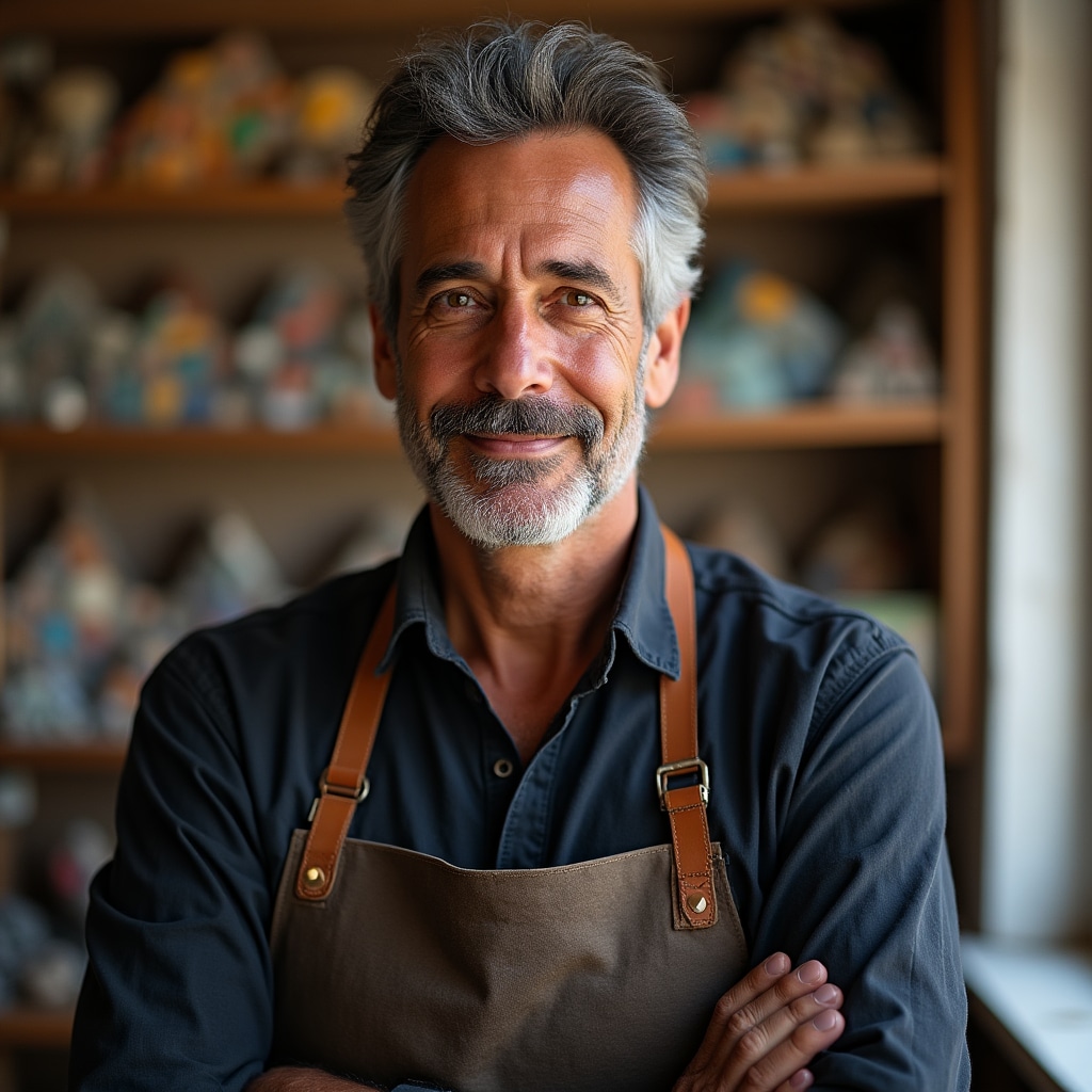 Istruttore di mosaico in atelier a Ravenna, ritratto professionale