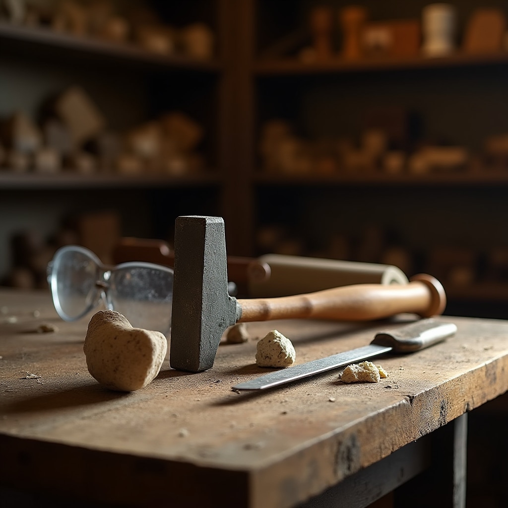 Martellina e tagliolo tradizionali per mosaico posati su banco da lavoro in legno