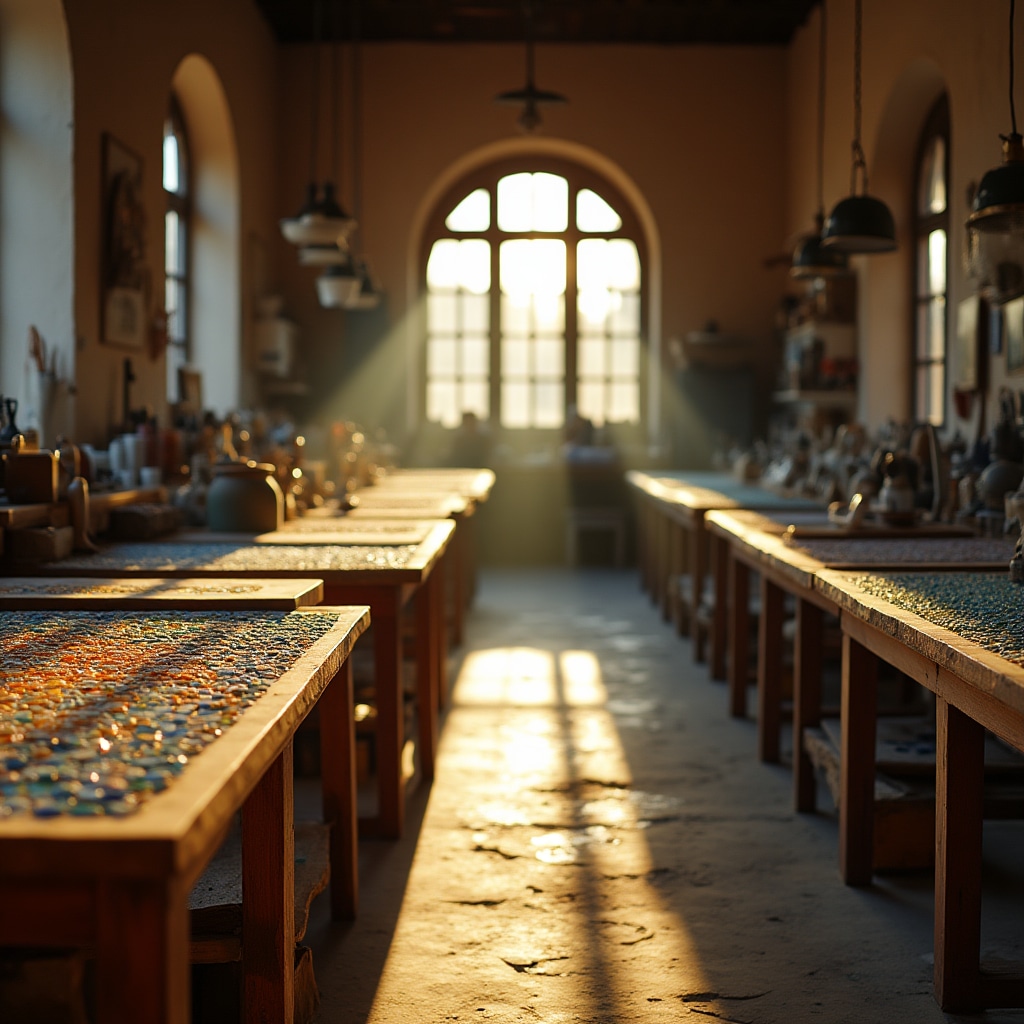 Atelier di mosaico a Ravenna con tessere colorate su tavolo da lavoro