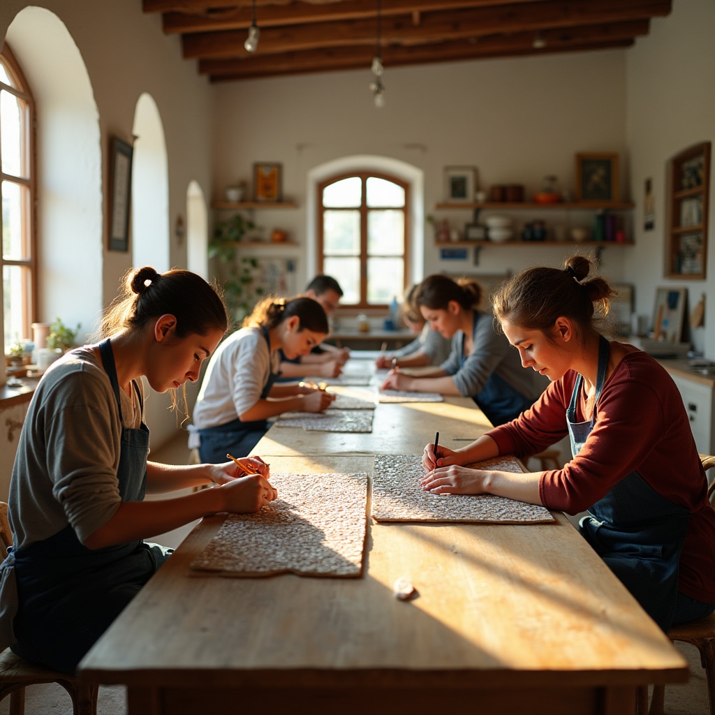 Vista generale del laboratorio di mosaico a Ravenna durante una sessione